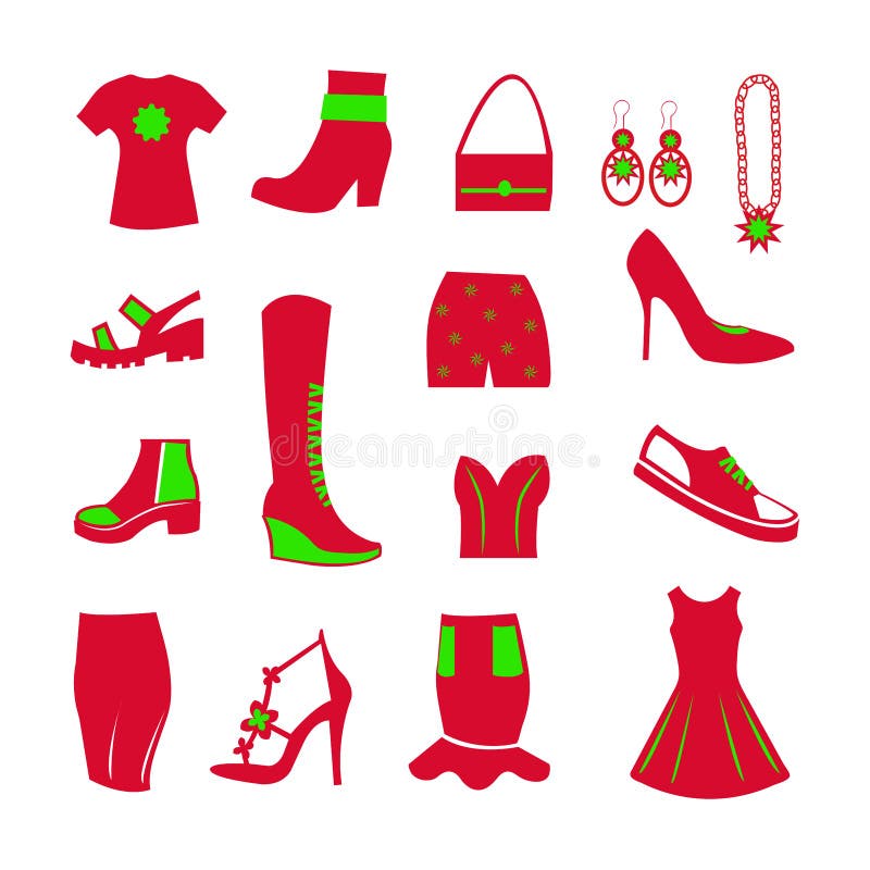 Artigos do vestuário para mulheres, vermelho e verde, ícones para os Web site que vendem a roupa ilustração do vetor Artigos do vestuário para mulheres, vermelho e verde, ícones para os Web site que vendem a roupa ilustração do vetor