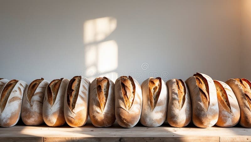 Artisan bread loaves neatly arranged in a row imagens de stock.