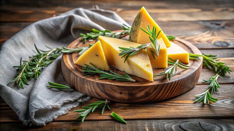 Artisan cheese selection with fresh rosemary sprigs on rustic wooden board. Generative AI royalty free illustration