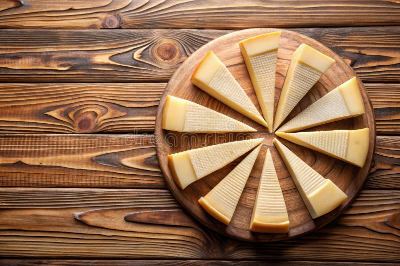 Artisan cheese wheel display a rustic wooden board featuring triangular cuts of pale yellow cheese arranged in a circular pattern royalty free illustration