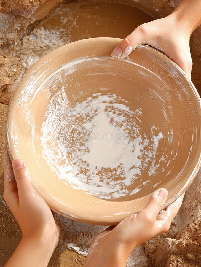 Artisan Pottery Wheel Throwing Beige Clay Bowl Creation form work hands craft skill shape color stock illustration
