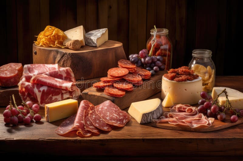 Artisanal Cheeses and Cured Meats on Wooden Boards Stock Illustration