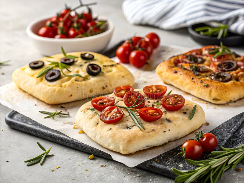 Artisanal Focaccia mit frischen Decks. Rustikales hausgemachtes Brot. Köstlicher Hintergrund lizenzfreie abbildung