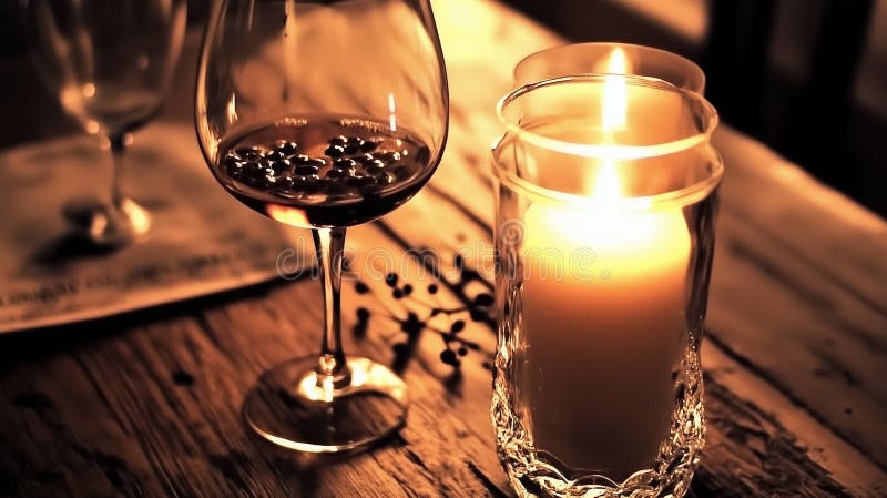 Artisanal Wine Glass with Coffee Beans in Intimate Candlelit Setting, created using generative AI tools royalty free illustration
