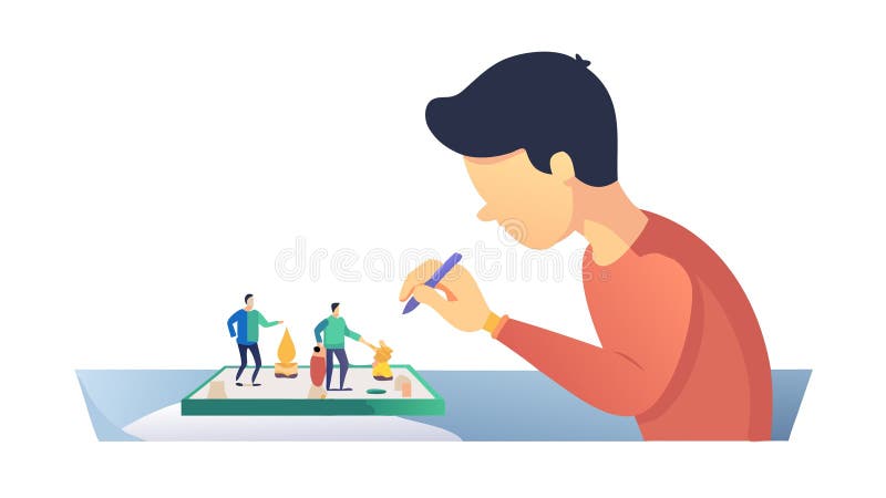 Artist Concentrating on Detailing Tiny Miniature Figures, vector design Generative AI stock illustration