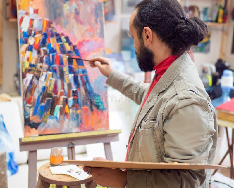 Artist Create His Picture in Studio Stock Photo Image of paint