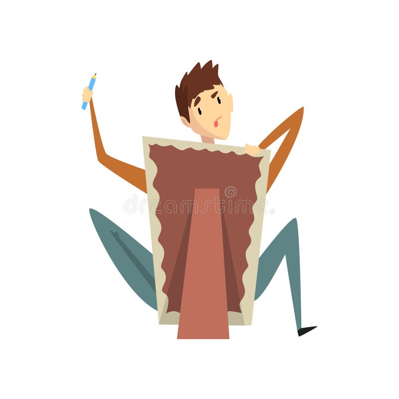 Artist drawing on canvas sitting near easel, talented male painter character, creative artistic hobby or profession vector illustration Artist drawing on canvas sitting near easel, talented male painter character, creative artistic hobby or profession vector illustration