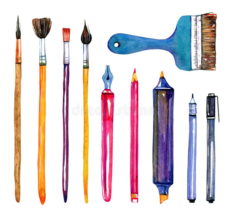 Handdrawn Watercolour Illustration Isolated On White With Artists Cute  Tools Paints Tubes Palettes Pencils Brushes And Other Art Tools Back To  School Stock Illustration - Download Image Now - iStock