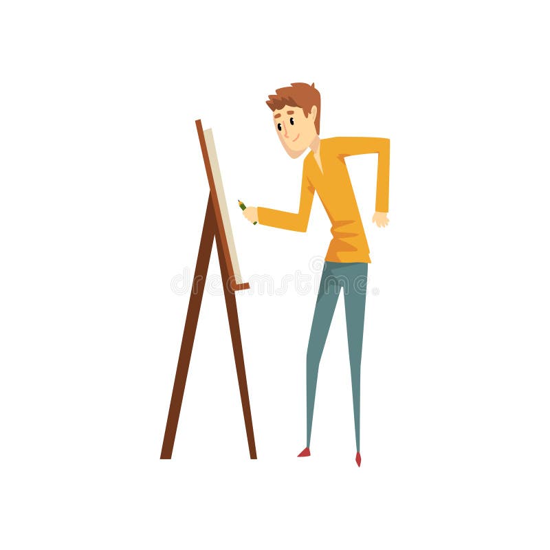 Artist painting on canvas standing near easel, talented male painter character, creative artistic hobby or profession vector illustration Artist painting on canvas standing near easel, talented male painter character, creative artistic hobby or profession vector illustration