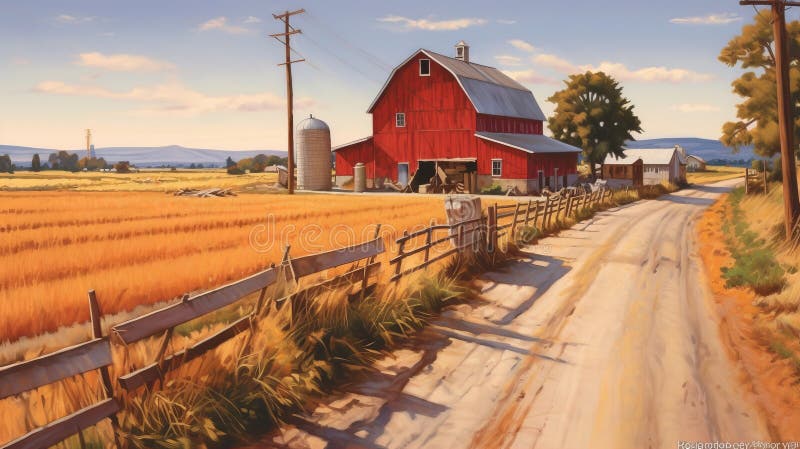 Farmersville Red Barn: An Artist\'s Vision. This artist rendering showcases a picturesque red barn in the idyllic town of farmersville. the attention to detail