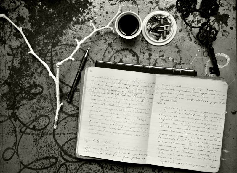 Artists morning breakfast with notebook , coffee and cigarettes