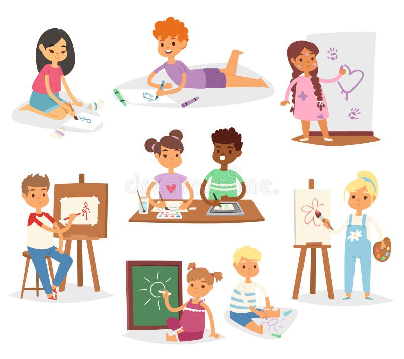 Artist vector kids children painting making art creative young artist with brushes and paint school kids set cartoon. Characters collection royalty free illustration