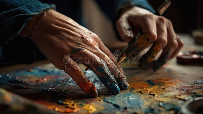Artist Works on Oil Painting, Moving Paint Brush Energetically she ...