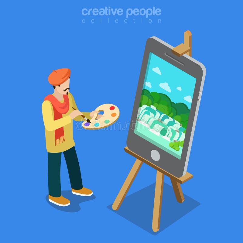 Artista del arte de Digitaces en el vector isométrico plano 3d de la tecnología del trabajo ilustración del vector Artista del arte de Digitaces en el vector isométrico plano 3d de la tecnología del trabajo ilustración del vector