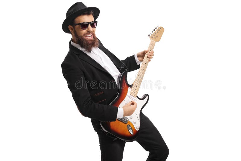 Artista masculino alegre que joga uma guitarra fotografia de stock royalty free Artista masculino alegre que joga uma guitarra fotografia de stock royalty free