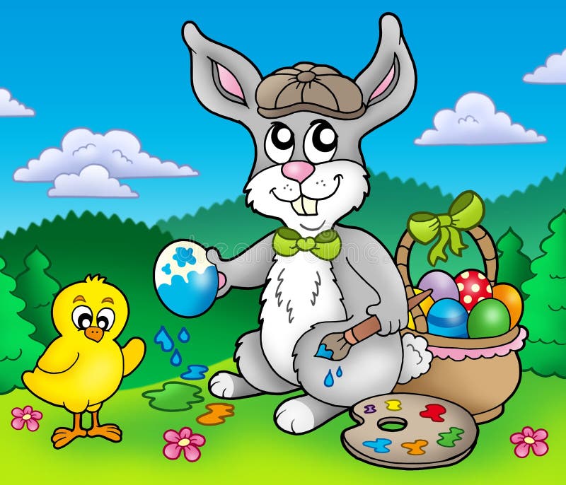Artista y pollo del conejito de pascua stock de ilustración Artista y pollo del conejito de pascua stock de ilustración