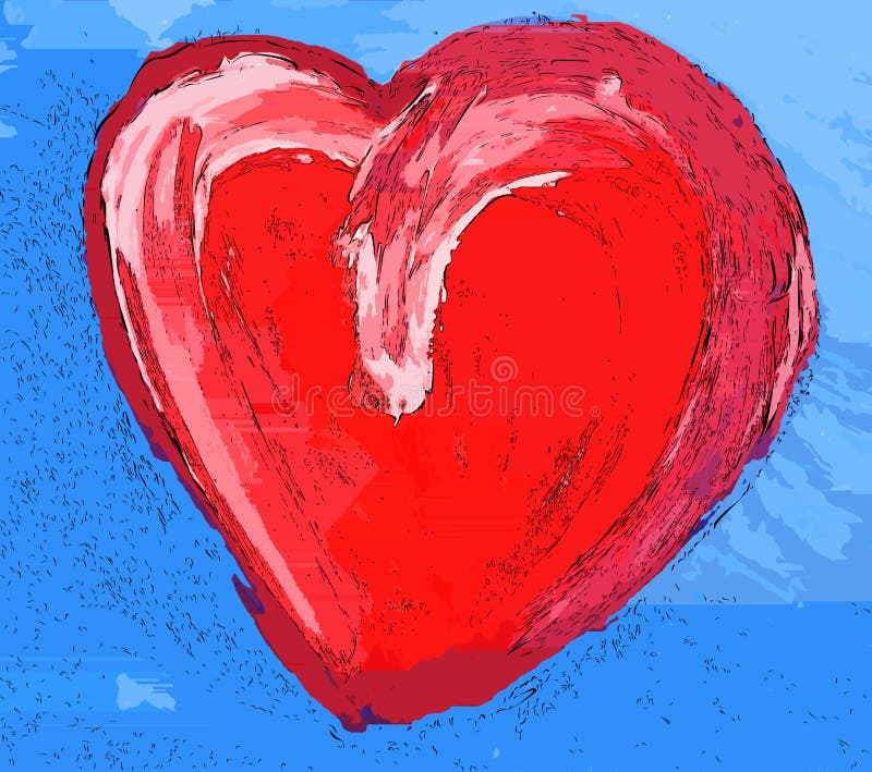 Artistc red heart on light blue background