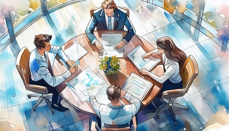 An artistic boardroom scene unfolds, capturing executives in animated discussion stock illustration