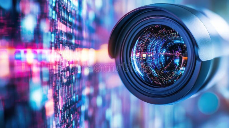 An artistic closeup of a security camera lens reflecting a distorted image of data streams in the foreground royalty free stock image