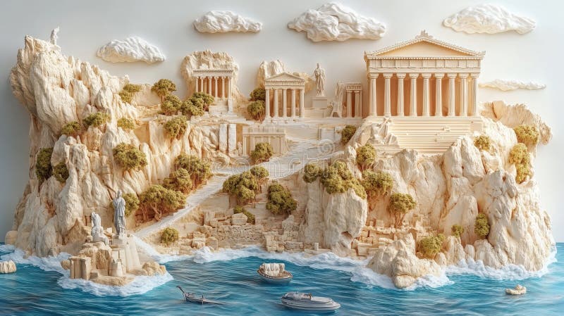 Artistic depiction of an ancient Greek architecture model surrounded by historical artifacts and a world map in a royalty free stock image
