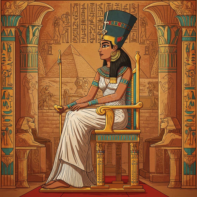 An Artistic Depiction of an Egyptian Queen Seated on a Golden Throne
