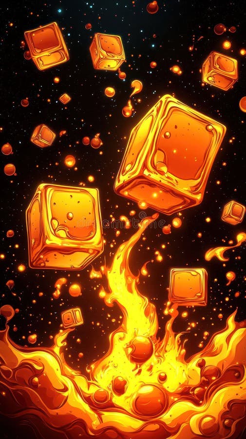An artistic depiction of glowing orange ice cubes above flames, creating a dynamic contrast royalty free illustration
