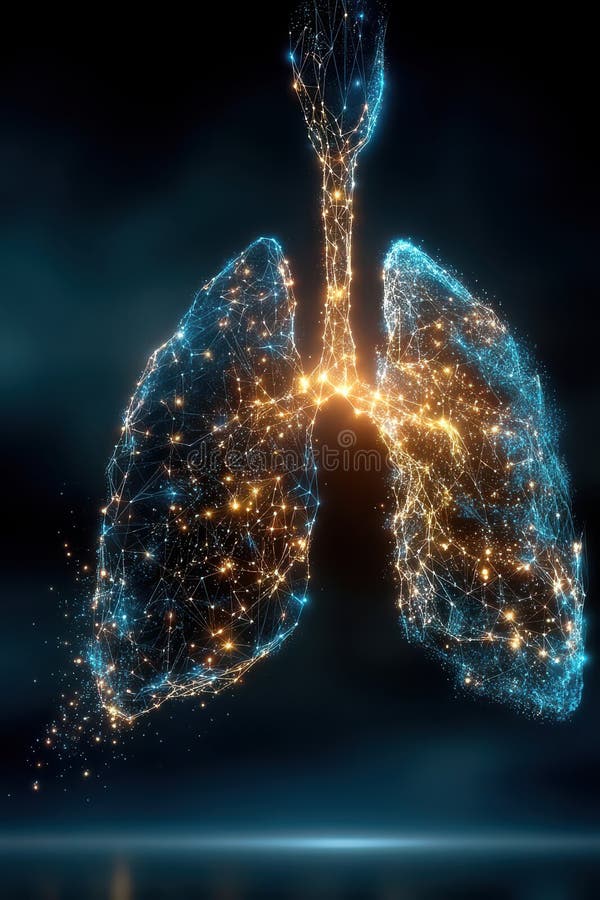 An artistic digital depiction of human lungs composed of a network-like illuminated structure. This illustration combines futuristic technology concepts and biological anatomy, expressing innovation in medical research and biotechnology. The glowing elements provide a vibrant aesthetic, perfectly suitable for themes involving artificial intelligence, healthcare technology, and future-oriented storytelling. Artificial intelligence lungs stock images, royalty-free photos and pictures