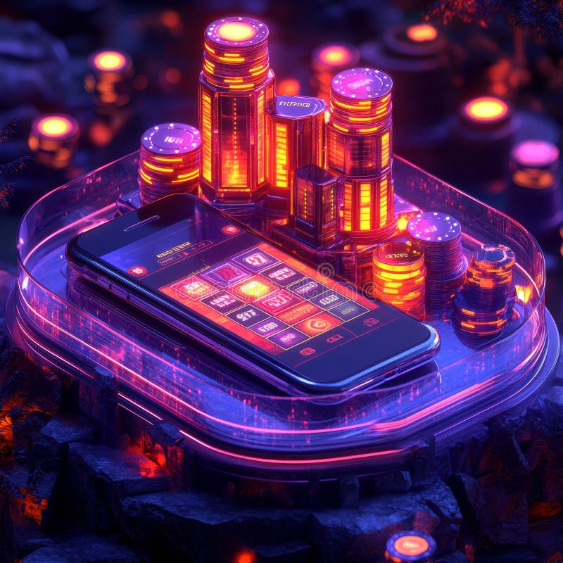 An artistic digital rendering showcases a glowing, futuristic smartphone on a luminous pedestal amidst neon hues and royalty free stock photo