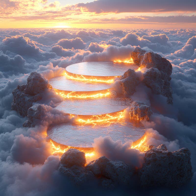 An artistic, dramatic image showcases a surreal landscape with floating circles of fiery colors against a backdrop of stock photos