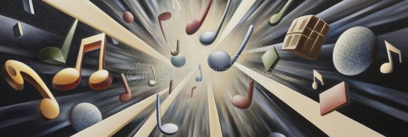 Artistic explosion of musical notes and shapes stock illustration