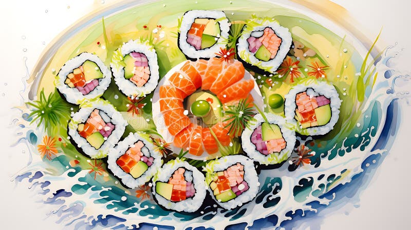 Artistic illustration of sushi arranged in a circular pattern on a vibrant, swirling royalty free illustration