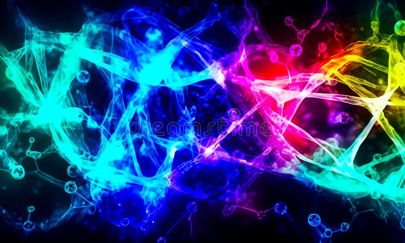 A highly coloured image of Scientific molecular and nuclear fusion stock illustration