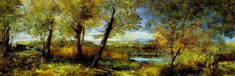A landscape inspired by master art painter. A artistic image produced using AI technology in photoshop program. This panoramic image is created in the style of the master art painters and shows landscape with trees, water and a colourful sky.