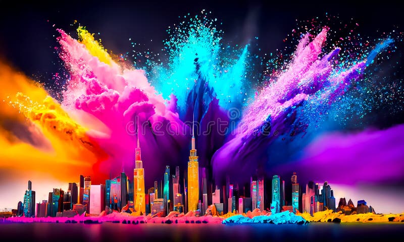 O pudră colorată creează o explozie magică, un peisaj orientat spre viitor vector illustration