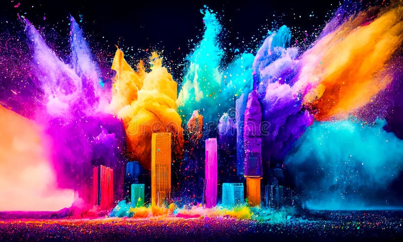 O pudră colorată creează o explozie magică, un peisaj orientat spre viitor royalty free illustration