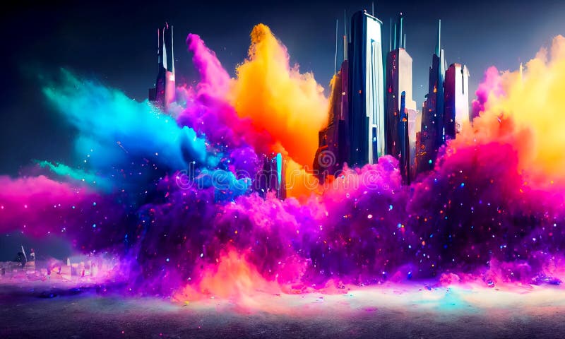 O pudră colorată creează o explozie magică, un peisaj orientat spre viitor stock illustration