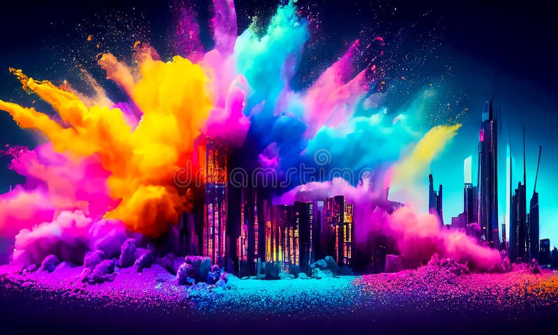 O pudră colorată creează o explozie magică, un peisaj orientat spre viitor stock illustration