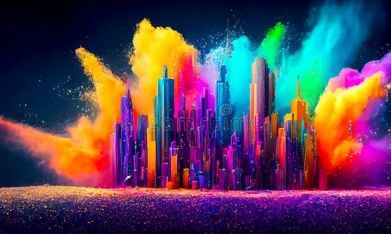 O pudră colorată creează o explozie magică, un peisaj orientat spre viitor vector illustration