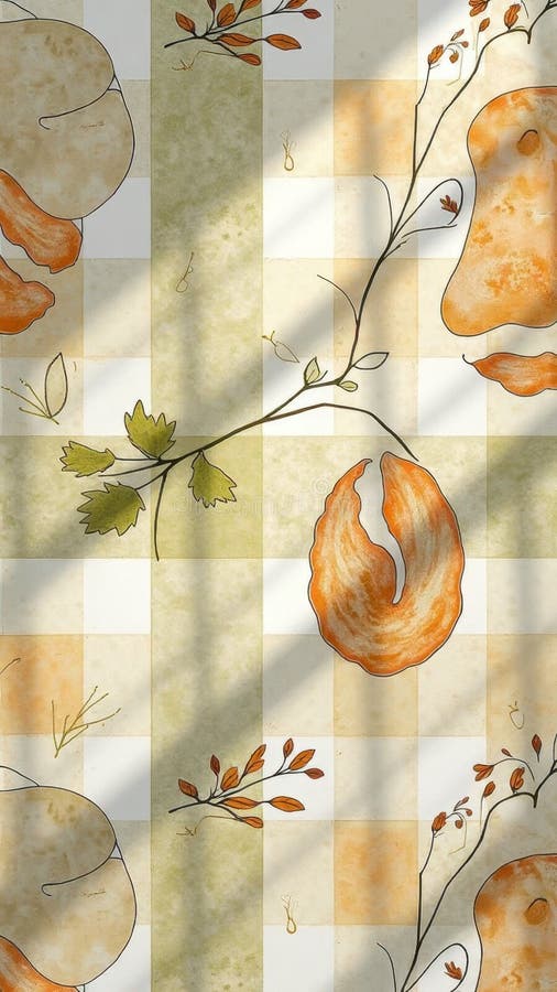 Artistic leaf and plant pattern on checkered background with nature motif. That the image is generated using AI.