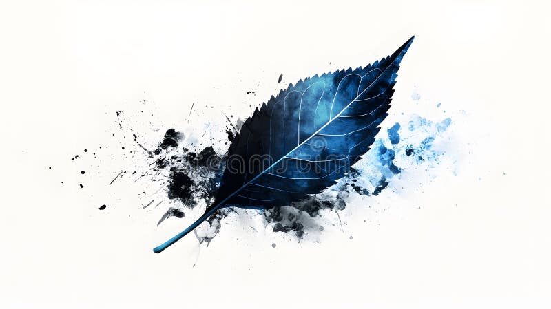 Artistic Leaves Design: Vibrant Blue Watercolor and Dark Solid Leaf on White royalty free illustration.