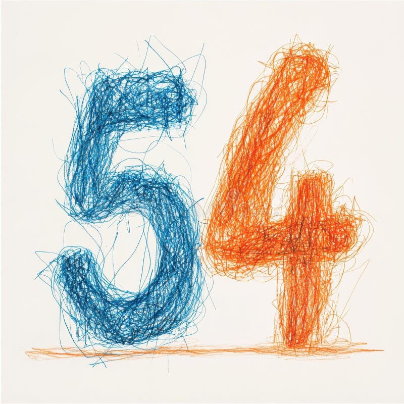 Artistic number 54 drawn with blue and orange crayons stock photography