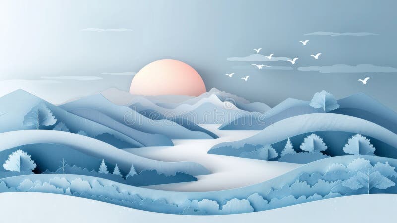 Artistic paper cut depicting a serene landscape, showcasing simplicity in art. stock illustration