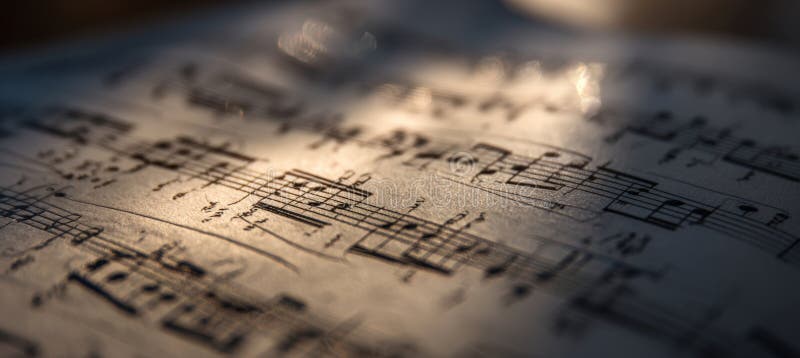 Artistic close-up of printed music notes on paper, featuring blurred edges and a focus on composition and rhythm. Gentle sunlight reflection adds a warm, serene ambiance. Paper notation stock images, royalty-free photos and pictures