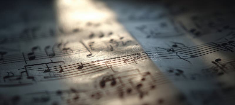 Artistic photograph capturing printed music notes on paper with a focus on composition and rhythm. The image features blurred edges and gentle sunlight reflection, creating a serene ambiance. Paper notation stock images, royalty-free photos and pictures