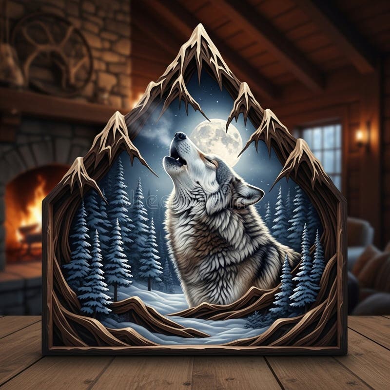 An artistic rendering shows a wolf howling at the full moon, surrounded by snow- stock illustration