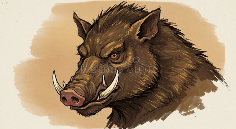 Artistic rendering of a wild boar (Sus scrofa) head with prominent tusks and stock illustration