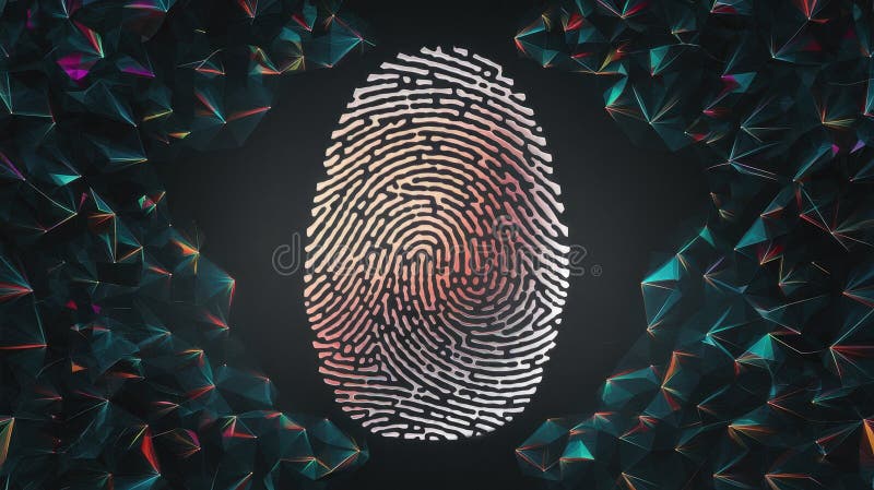 An artistic representation of a fingerprint surrounded by abstract geometric shapes in a vibrant color scheme. stock illustration