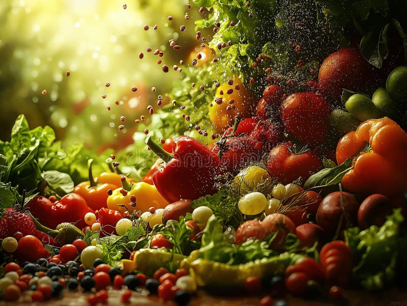 An artistic representation of food bursting out in a dynamic, colorful way, symbolizing abundance royalty free stock image