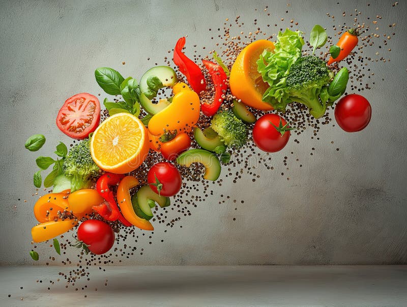 An artistic representation of food bursting out in a dynamic, colorful way, symbolizing abundance stock image
