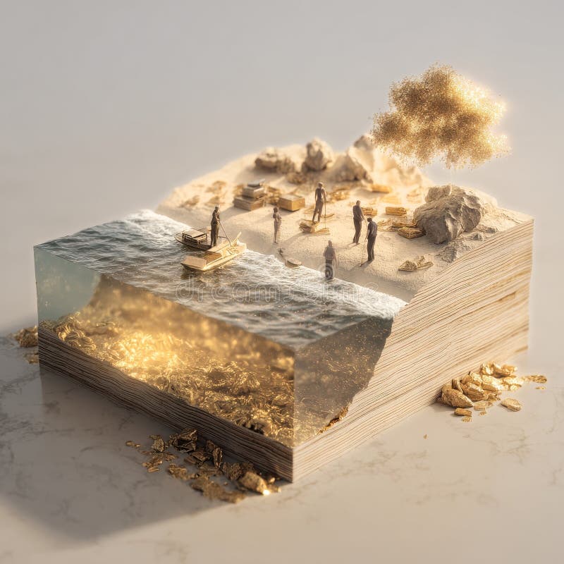 Artistic Representation of a Treasure Discovery at an Ocean Shore With Explorers and a Boat royalty free stock photos